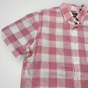 Chaps Pink White Checked Linen Blend Short Sleeve Button Down Mens Shirt Size XL